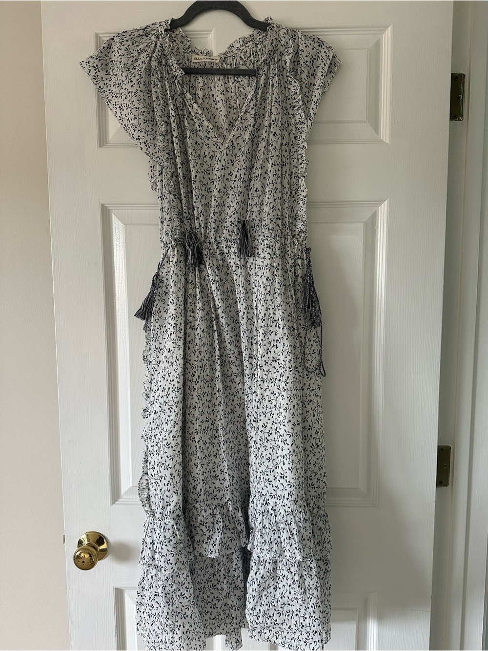 Women's White and Navy Floral Ruffle Midi Dress